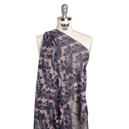 Raschel Lace Panel with Finished Edges - Navy and Baby Pink Ornate Leafy Chevrons