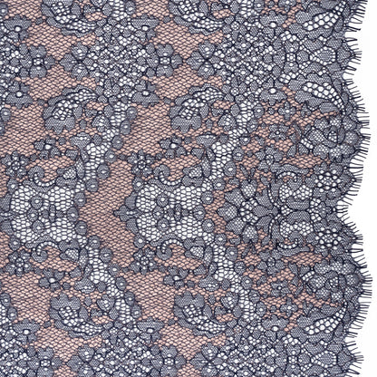 Raschel Lace Panel with Finished Edges - Navy and Baby Pink Ornate Leafy Chevrons