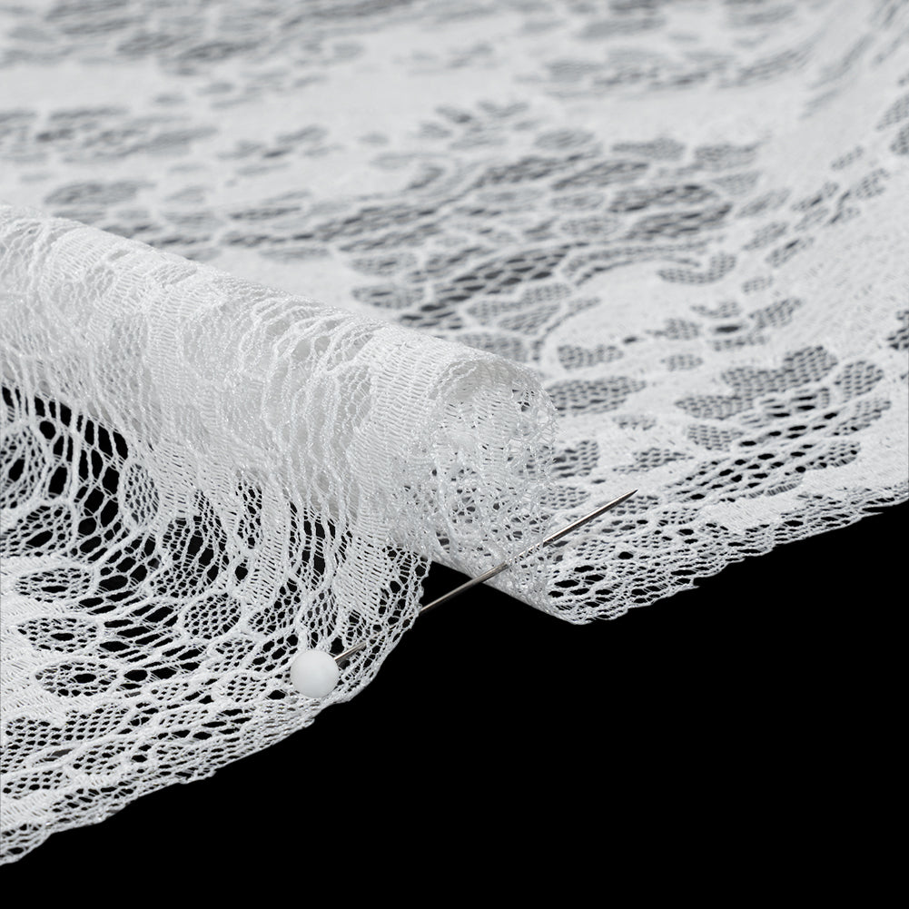 Raschel Lace Panel with Finished Edges - White PFD Ornate Leafy Chevrons - Detail