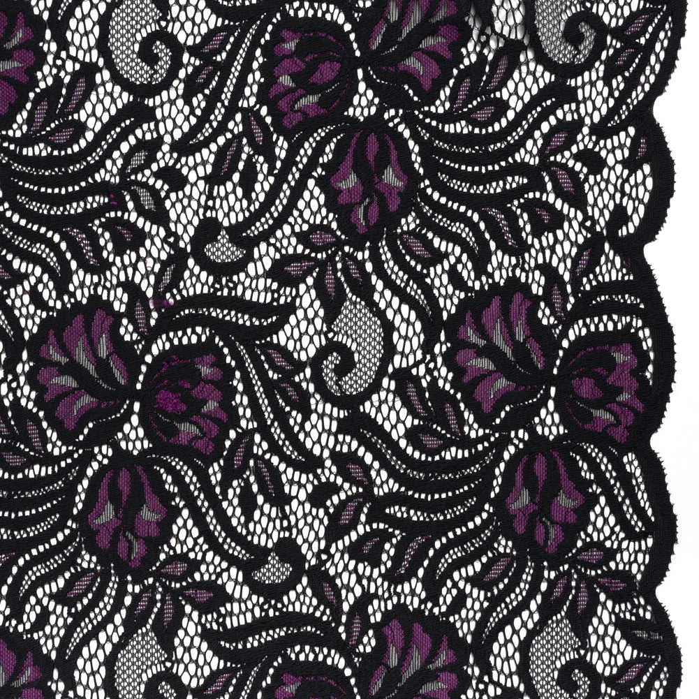 Re-Embroidered Stretch Lace with Finished Edges - Black and Dahlia Purple Blossom Trios and Leaves - Tatiana Collection