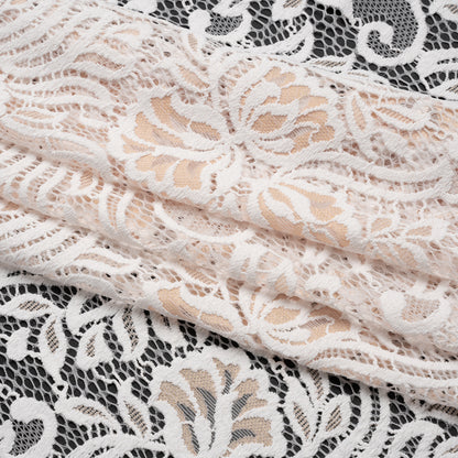 Re-Embroidered Stretch Lace with Finished Edges - Ivory and Appleblossom Beige Blossom Trios and Leaves - Tatiana Collection
