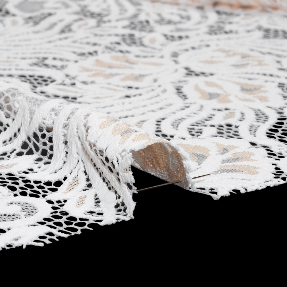 Re-Embroidered Stretch Lace with Finished Edges - Ivory and Appleblossom Beige Blossom Trios and Leaves - Tatiana Collection - Detail