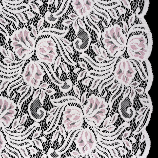 Re-Embroidered Stretch Lace with Finished Edges - Ivory and Roseate Pink Blossom Trios and Leaves - Tatiana Collection