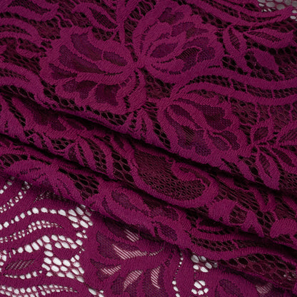 Re-Embroidered Stretch Lace with Finished Edges - Florentina Plum Purple Blossom Trios and Leaves - Tatiana Collection