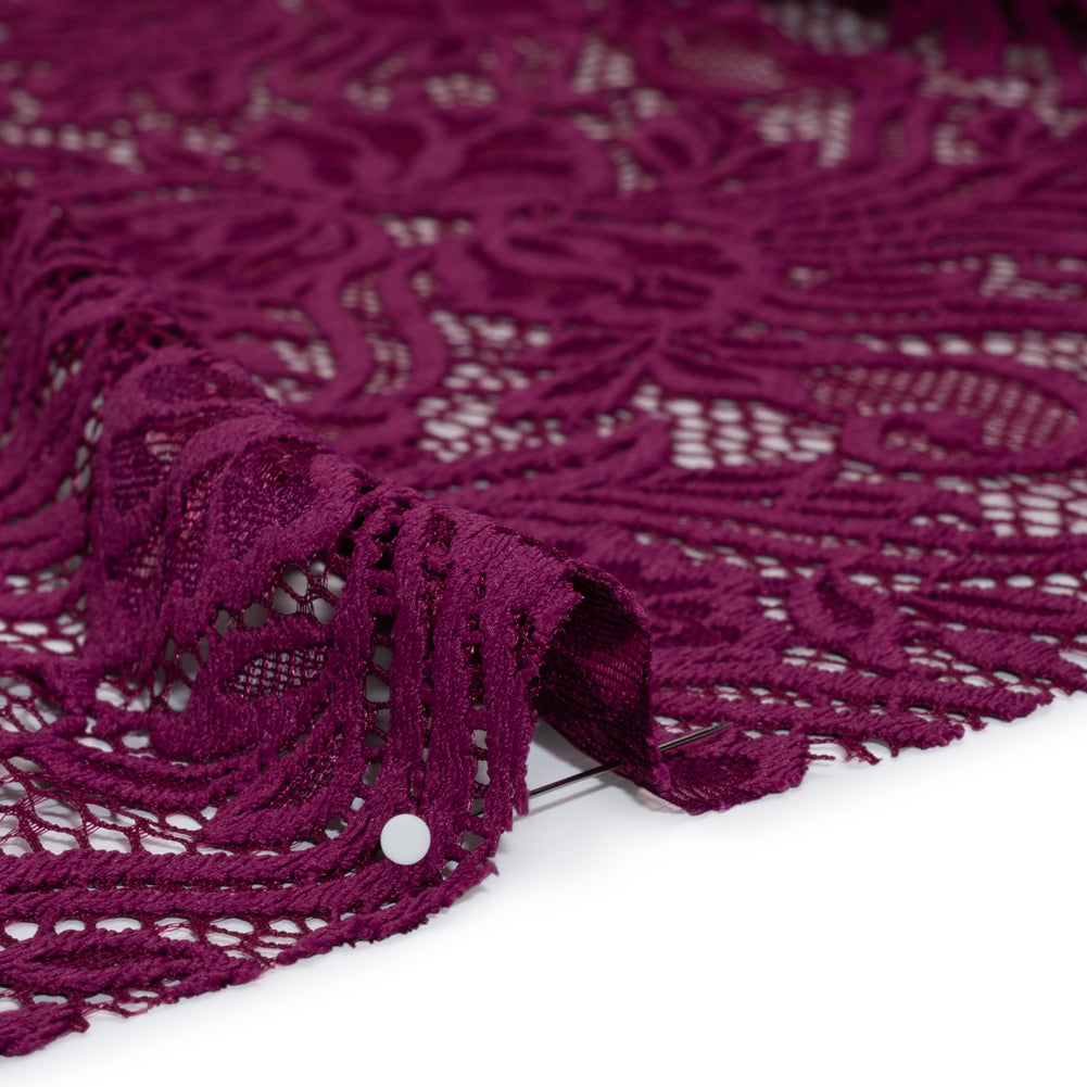 Re-Embroidered Stretch Lace with Finished Edges - Florentina Plum Purple Blossom Trios and Leaves - Tatiana Collection