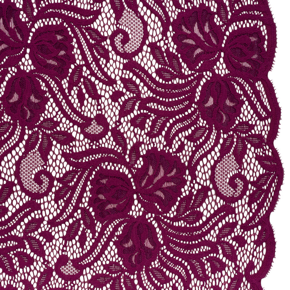 Re-Embroidered Stretch Lace with Finished Edges - Florentina Plum Purple Blossom Trios and Leaves - Tatiana Collection