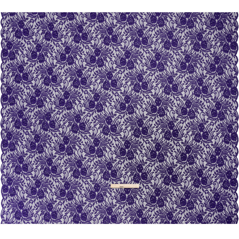 Re-Embroidered Stretch Lace with Finished Edges - Sweet Berry Blue Blossom Trios and Leaves - Tatiana Collection - Full