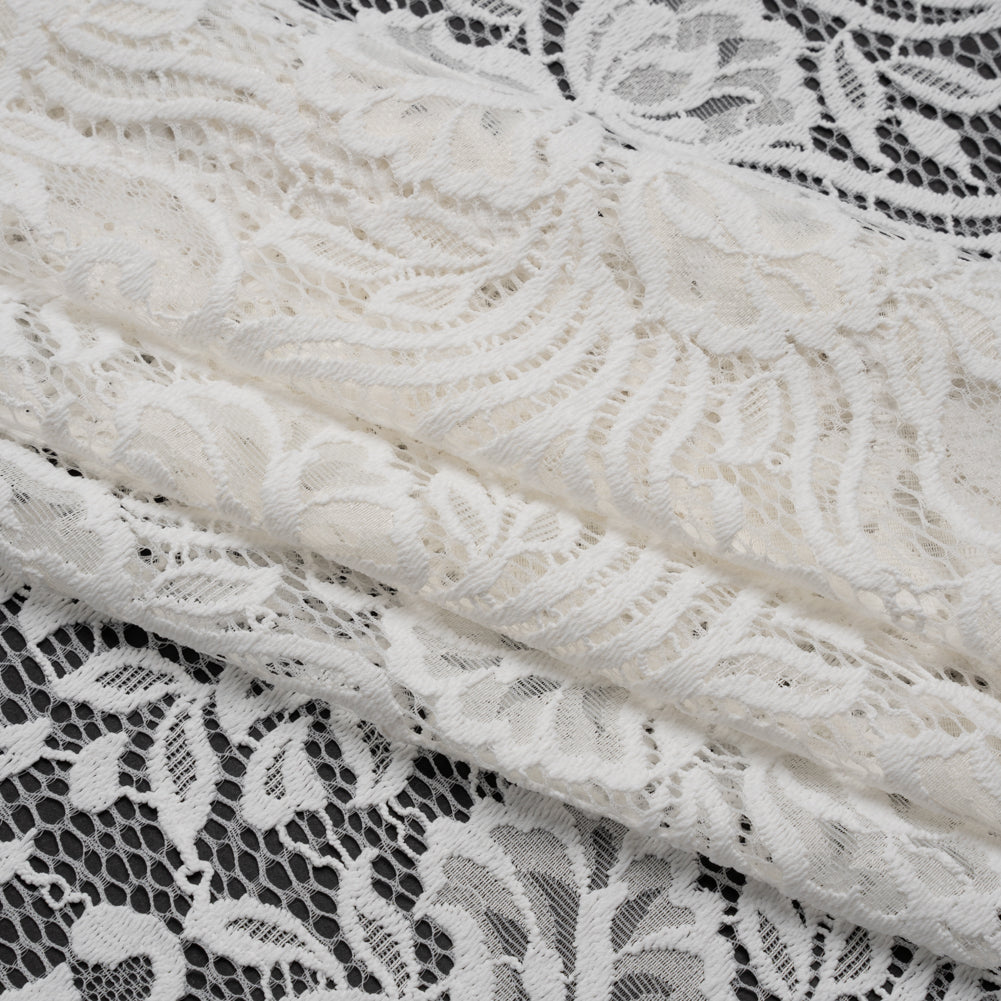 Re-Embroidered Stretch Lace with Finished Edges - Ivory Blossom Trios and Leaves - Tatiana Collection - Folded