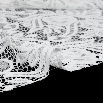 Re-Embroidered Stretch Lace with Finished Edges - Ivory Blossom Trios and Leaves - Tatiana Collection