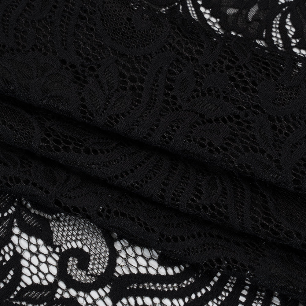 Re-Embroidered Stretch Lace with Finished Edges - Black Blossom Trios and Leaves - Tatiana Collection