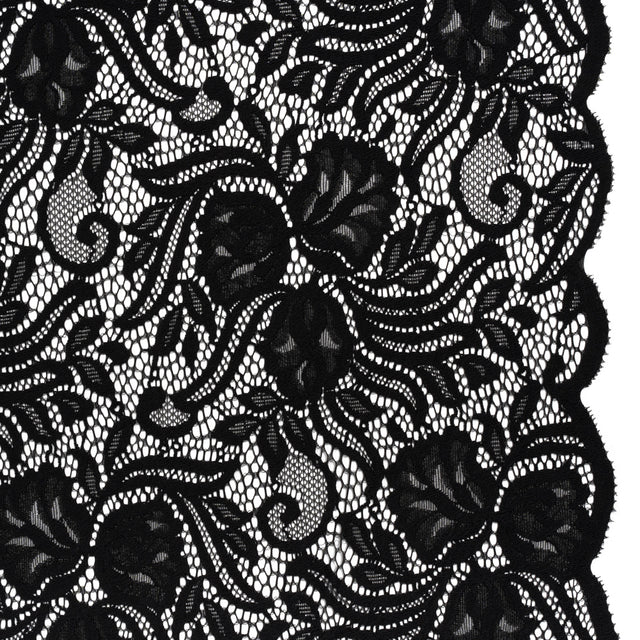 Re-Embroidered Stretch Lace with Finished Edges - Black Blossom Trios and Leaves - Tatiana Collection