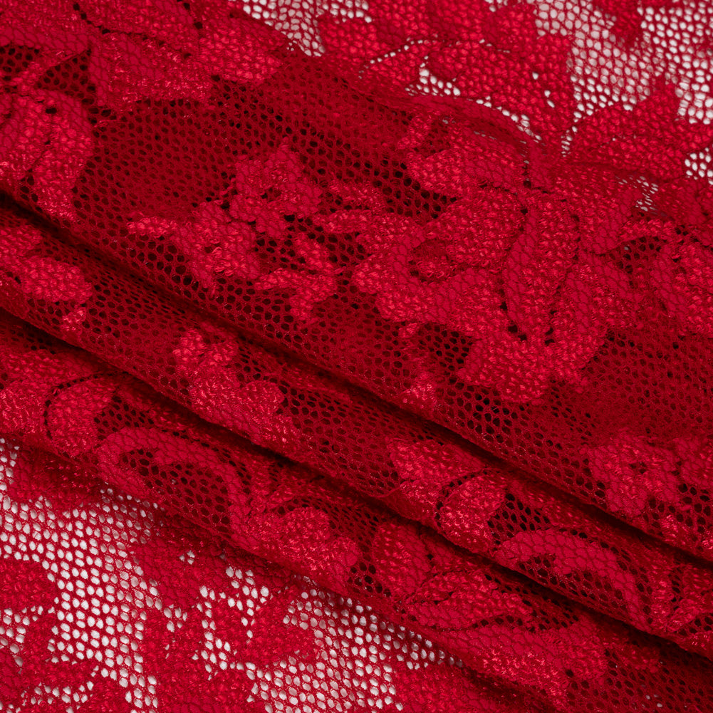 Stretch Raschel Lace with Finished Edges - Valentino Red Ornate Floral - Folded