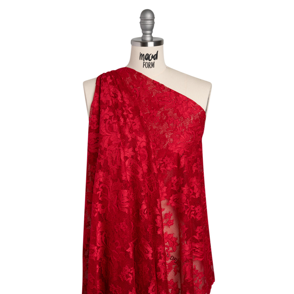 Stretch Raschel Lace with Finished Edges - Valentino Red Ornate Floral - Drape