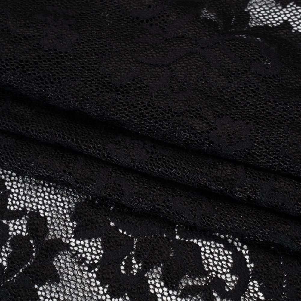 Stretch Raschel Lace with Finished Edges - Black Ornate Floral - Folded
