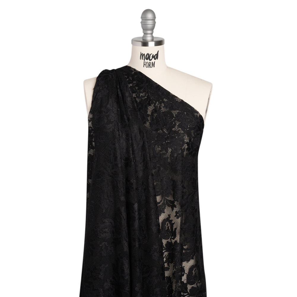 Stretch Raschel Lace with Finished Edges - Black Ornate Floral - Drape