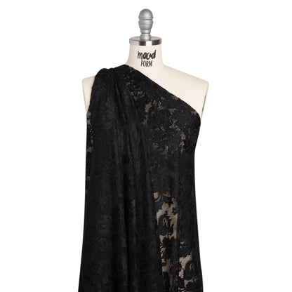 Stretch Raschel Lace with Finished Edges - Black Ornate Floral