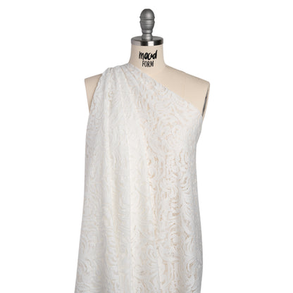 Stretch Re-Embroidered Lace with Finished Edges - Ivory Paisley Leaves and Florals