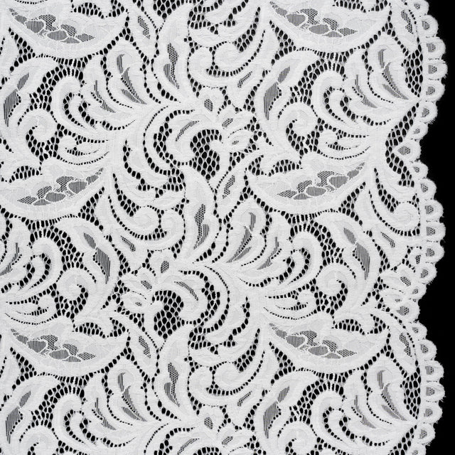 Stretch Re-Embroidered Lace with Finished Edges - Ivory Paisley Leaves and Florals