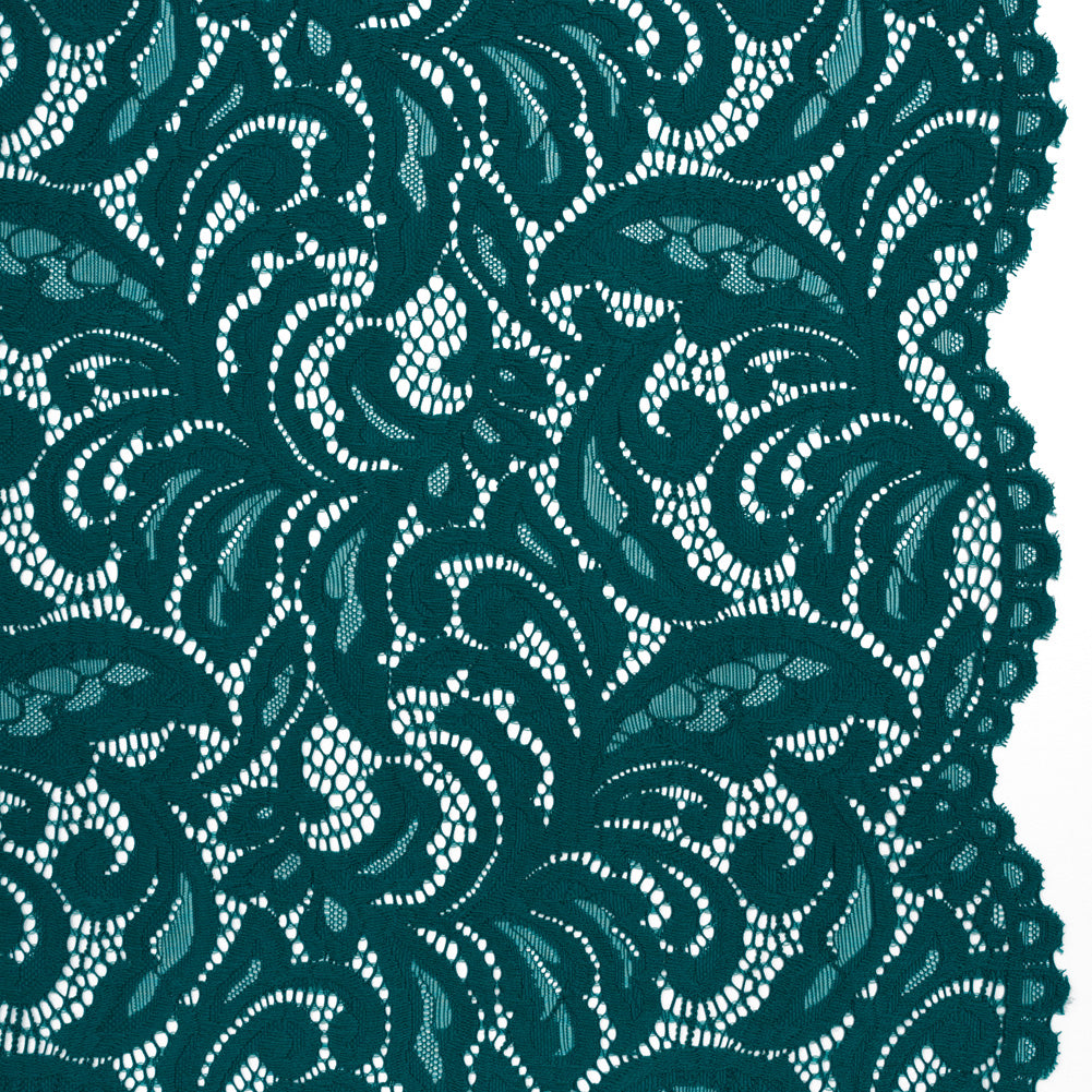 Stretch Re-Embroidered Lace with Finished Edges - Teal Paisley Leaves and Florals