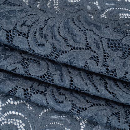 Stretch Re-Embroidered Lace with Finished Edges - True Indigo Paisley Leaves and Florals