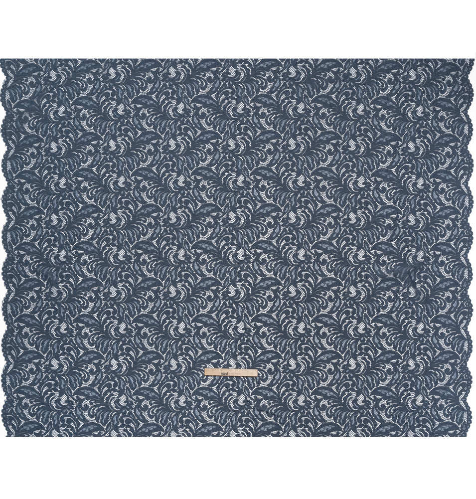 Stretch Re-Embroidered Lace with Finished Edges - True Indigo Paisley Leaves and Florals