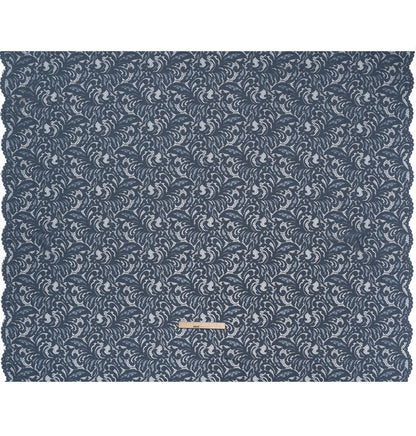 Stretch Re-Embroidered Lace with Finished Edges - True Indigo Paisley Leaves and Florals