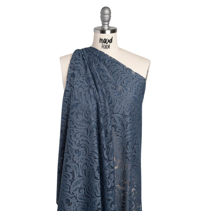 Stretch Re-Embroidered Lace with Finished Edges - True Indigo Paisley Leaves and Florals