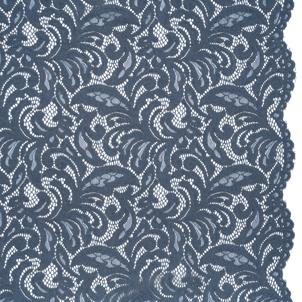 Stretch Re-Embroidered Lace with Finished Edges - True Indigo Paisley Leaves and Florals