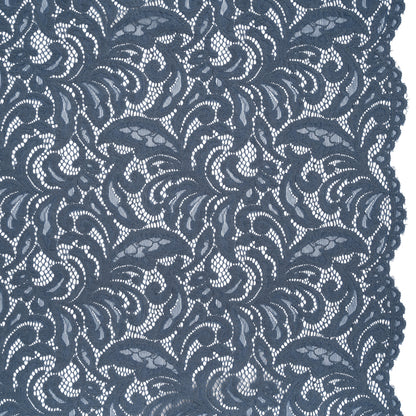 Stretch Re-Embroidered Lace with Finished Edges - True Indigo Paisley Leaves and Florals