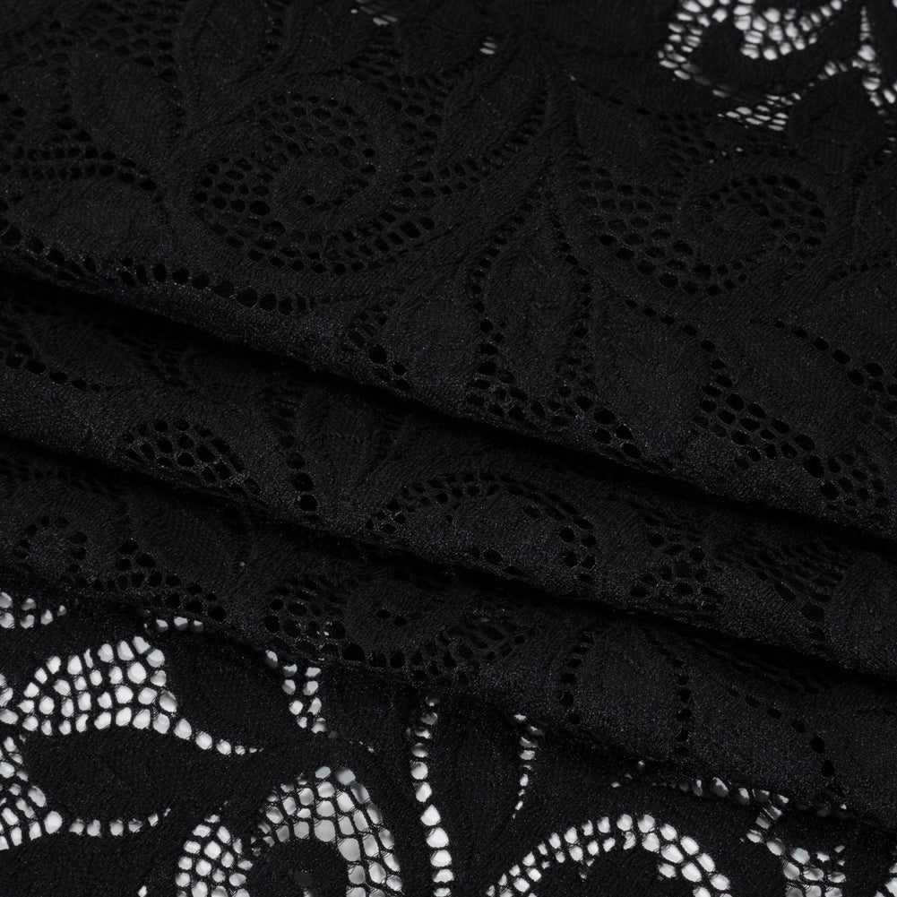 Stretch Re-Embroidered Lace with Finished Edges - Black Curling Leafy Stems