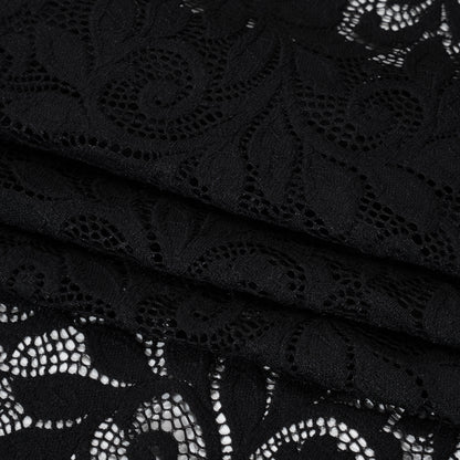 Stretch Re-Embroidered Lace with Finished Edges - Black Curling Leafy Stems