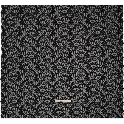 Stretch Re-Embroidered Lace with Finished Edges - Black Curling Leafy Stems