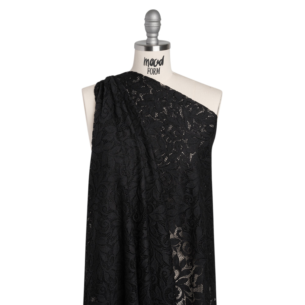 Stretch Re-Embroidered Lace with Finished Edges - Black Curling Leafy Stems