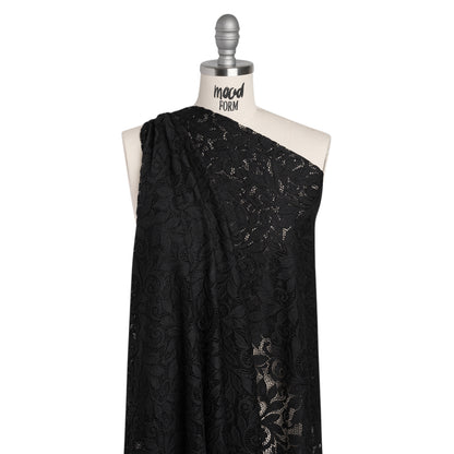 Stretch Re-Embroidered Lace with Finished Edges - Black Curling Leafy Stems