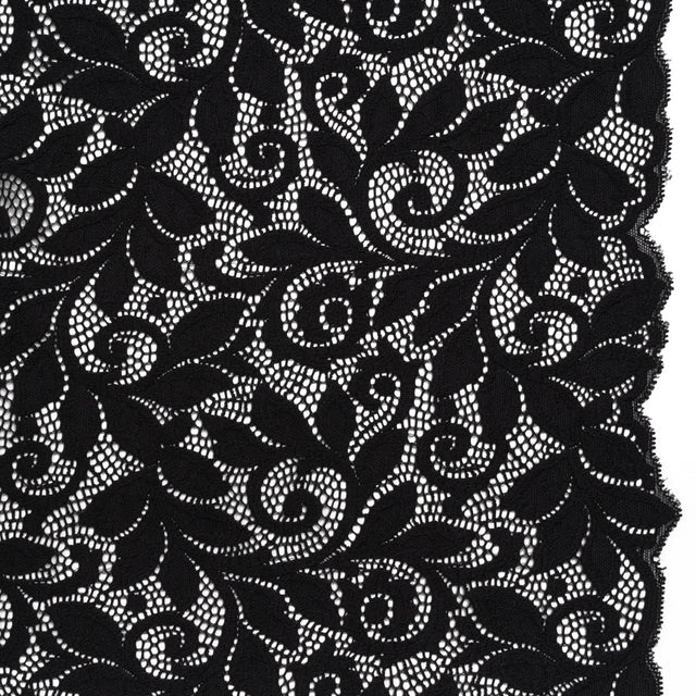 Stretch Re-Embroidered Lace with Finished Edges - Black Curling Leafy Stems