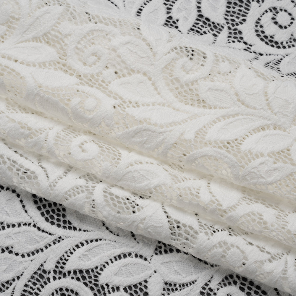 Stretch Re-Embroidered Lace with Finished Edges - Ivory Curling Leafy Stems