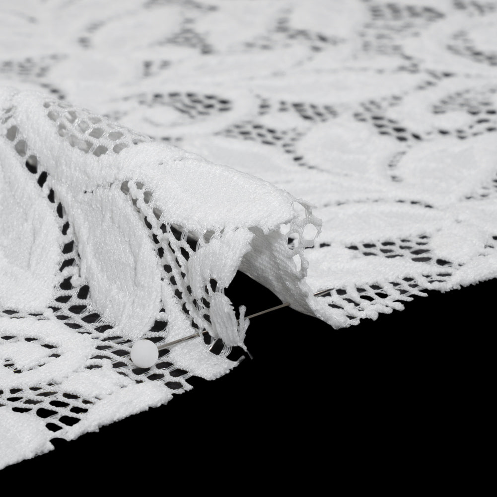 Stretch Re-Embroidered Lace with Finished Edges - Ivory Curling Leafy Stems