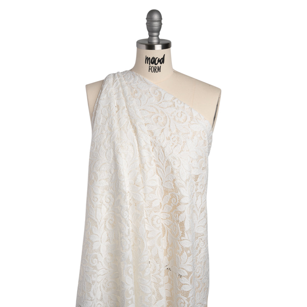 Stretch Re-Embroidered Lace with Finished Edges - Ivory Curling Leafy Stems