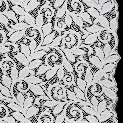 Stretch Re-Embroidered Lace with Finished Edges - Ivory Curling Leafy Stems
