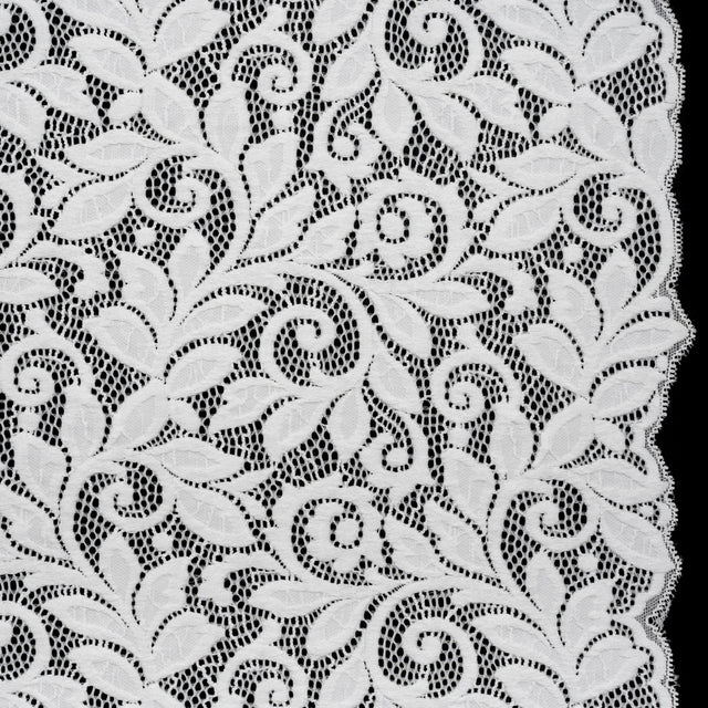 Stretch Re-Embroidered Lace with Finished Edges - Ivory Curling Leafy Stems