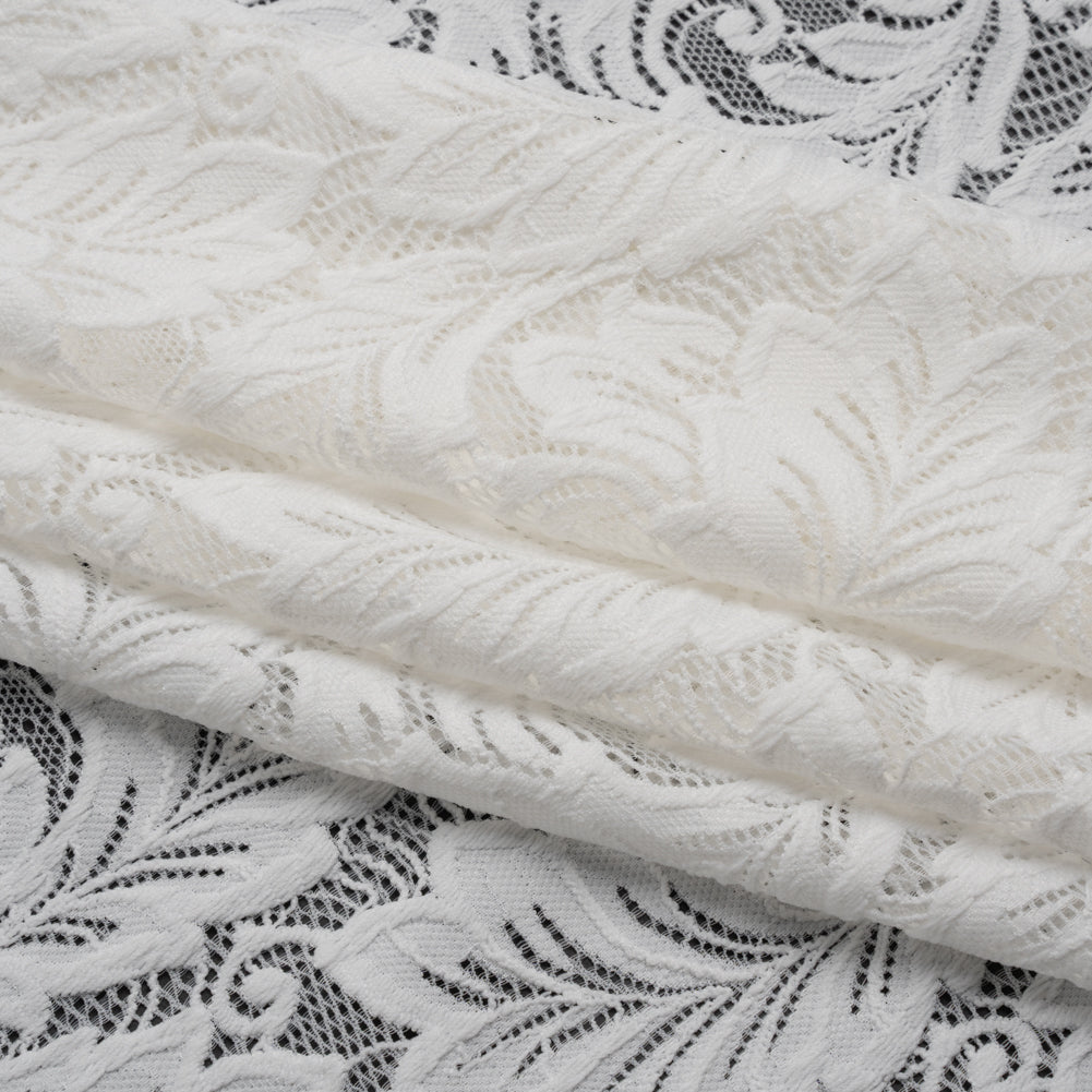 Stretch Re-Embroidered Lace with Finished Edges - Ivory Waving Leaves - Folded