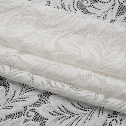 Stretch Re-Embroidered Lace with Finished Edges - Ivory Waving Leaves