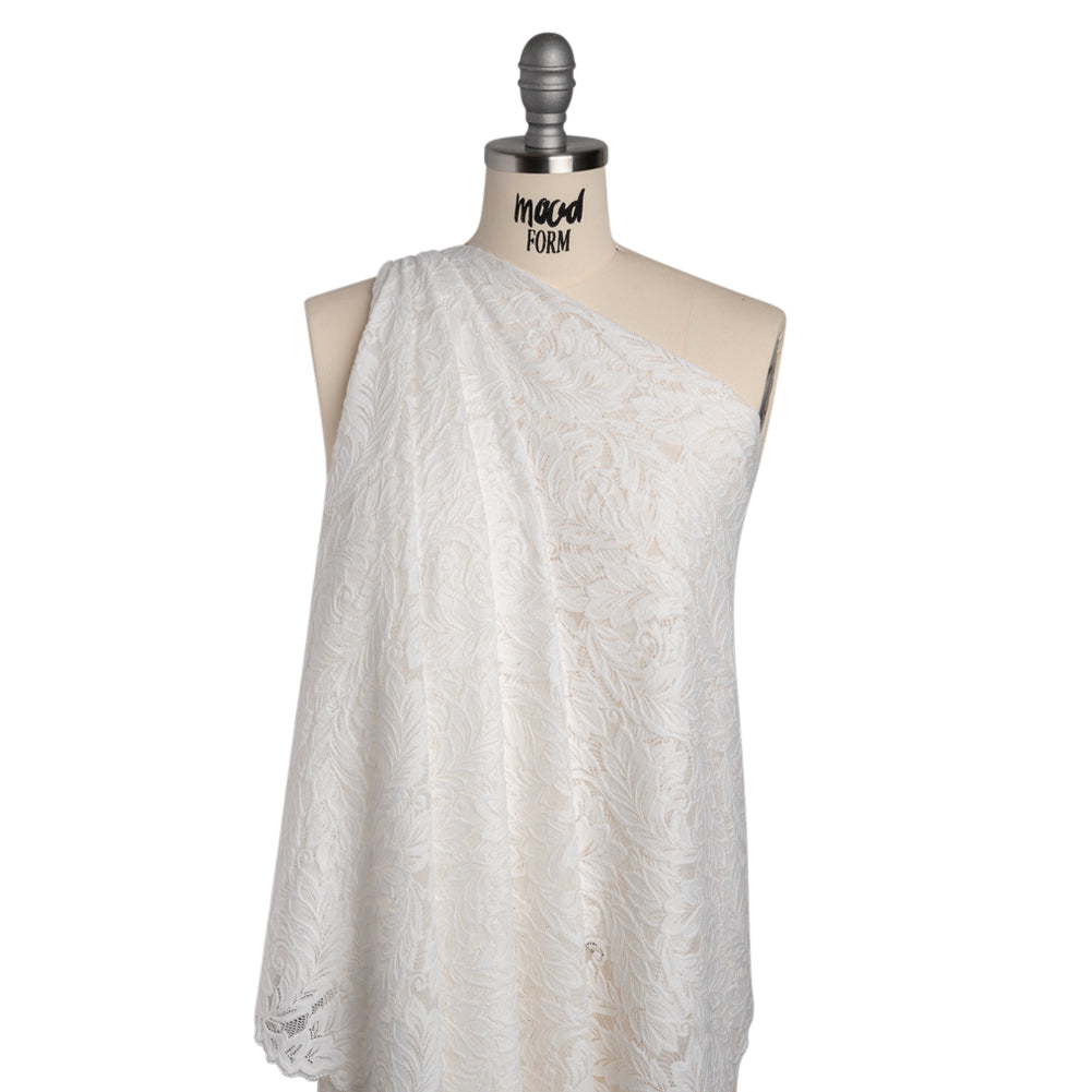Stretch Re-Embroidered Lace with Finished Edges - Ivory Waving Leaves - Drape