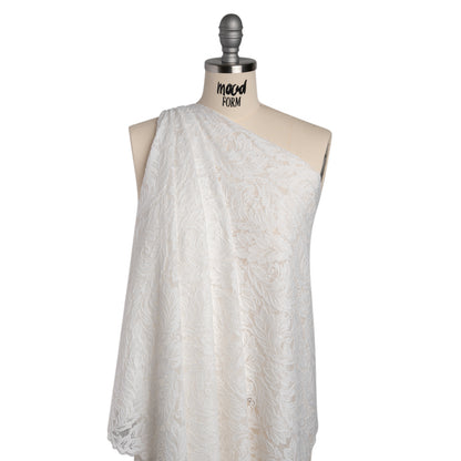 Stretch Re-Embroidered Lace with Finished Edges - Ivory Waving Leaves