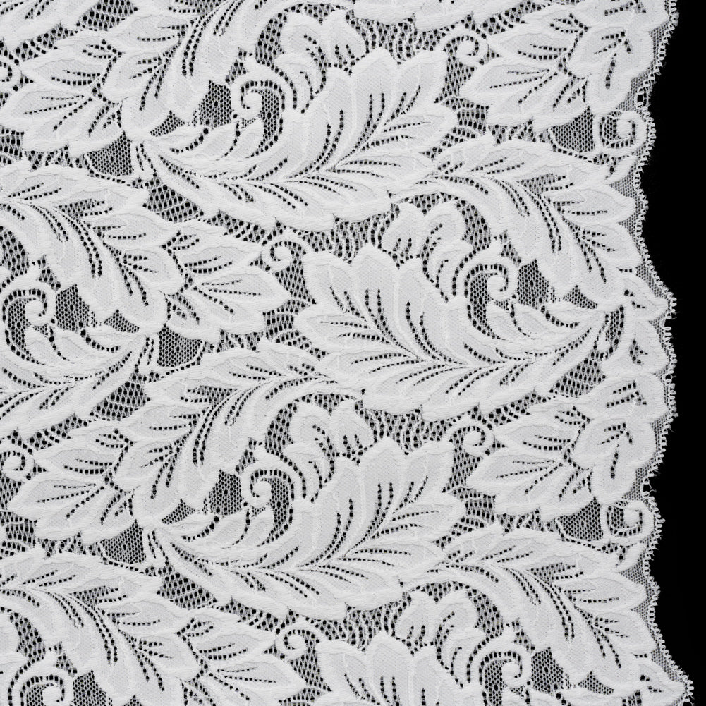 Stretch Re-Embroidered Lace with Finished Edges - Ivory Waving Leaves