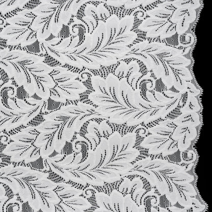 Stretch Re-Embroidered Lace with Finished Edges - Ivory Waving Leaves