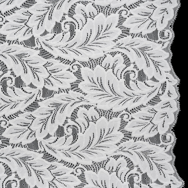 Stretch Re-Embroidered Lace with Finished Edges - Ivory Waving Leaves