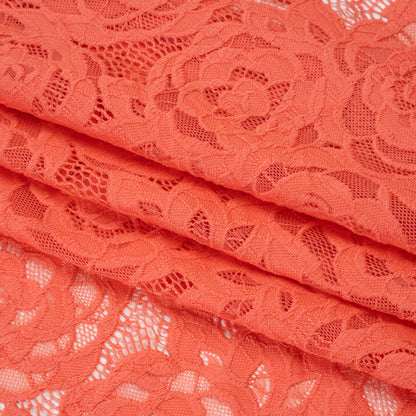 Stretch Re-Embroidered Lace with Finished Edges - Deep Sea Coral All-Over Roses