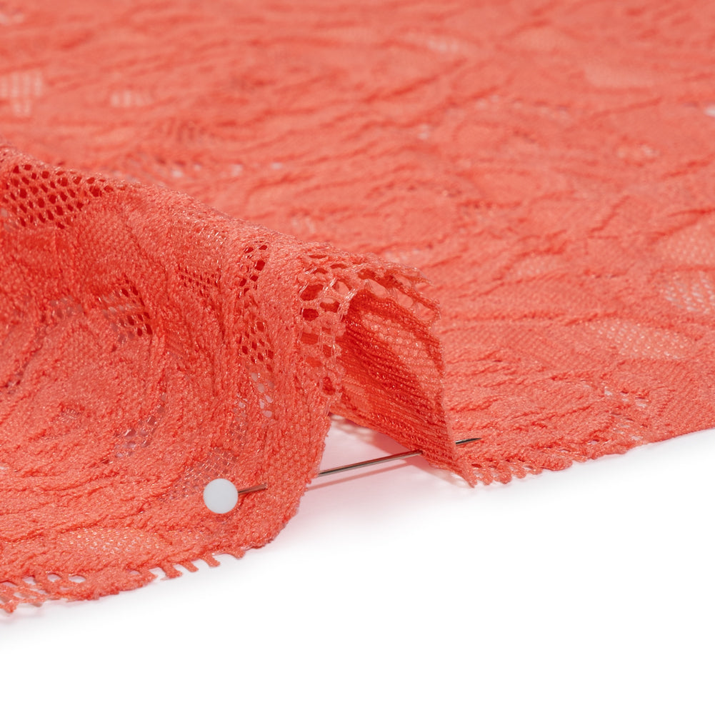 Stretch Re-Embroidered Lace with Finished Edges - Deep Sea Coral All-Over Roses - Detail