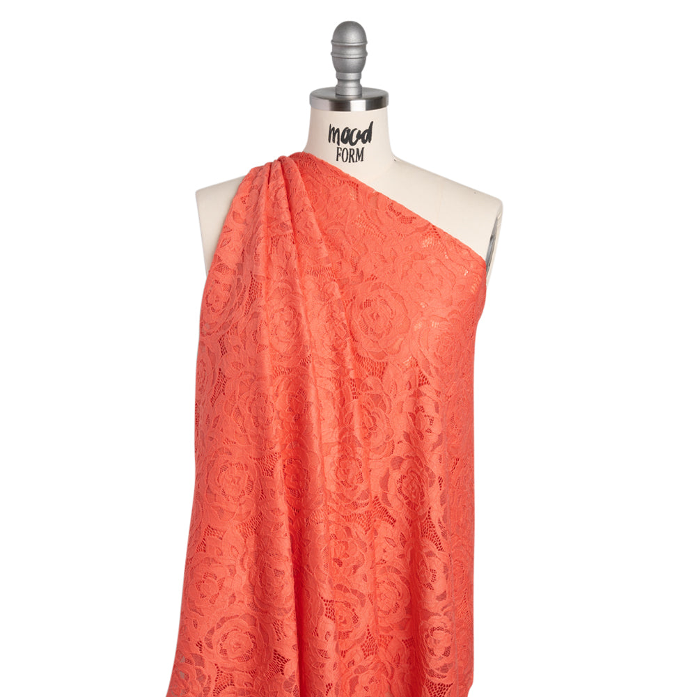 Stretch Re-Embroidered Lace with Finished Edges - Deep Sea Coral All-Over Roses - Drape